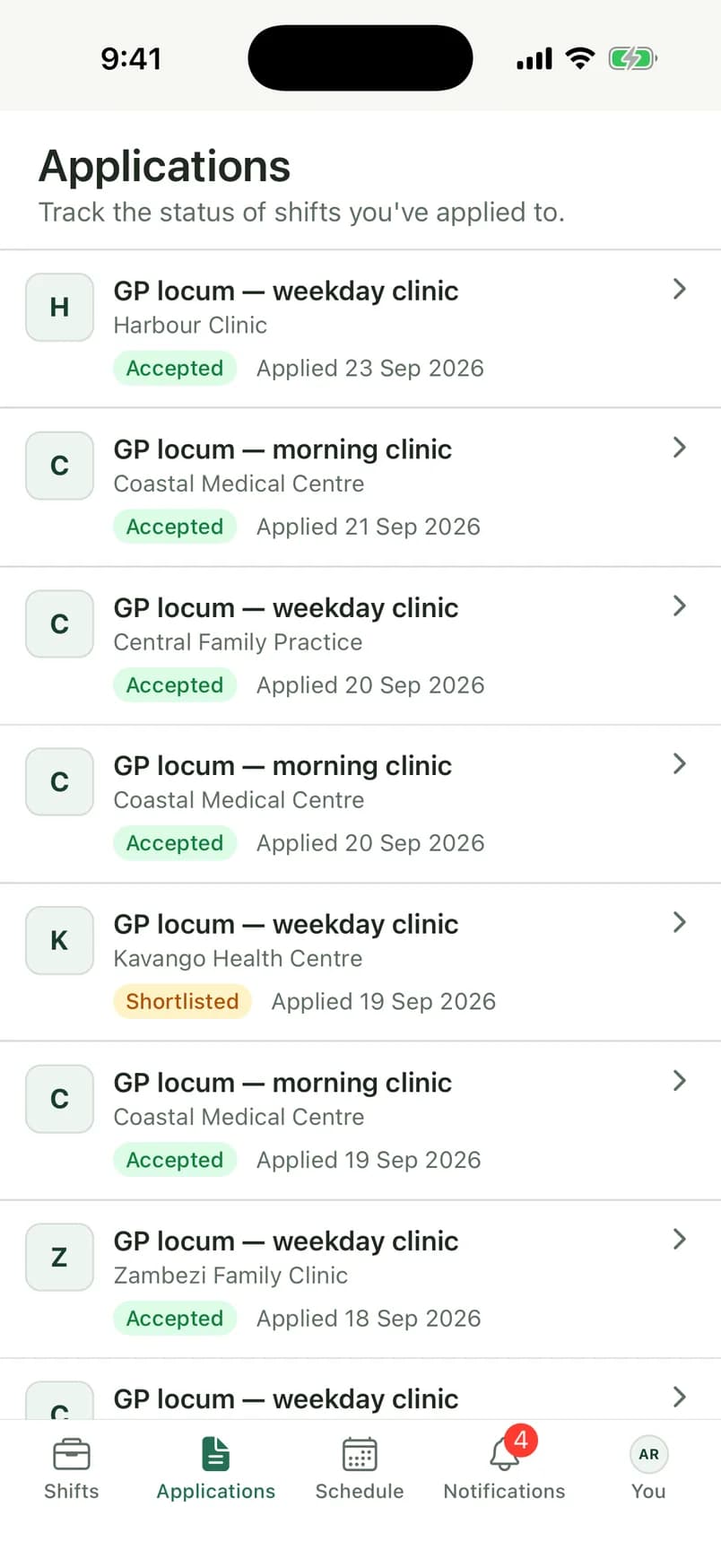 The applications screen in the Locum app, each marked accepted, shortlisted or submitted