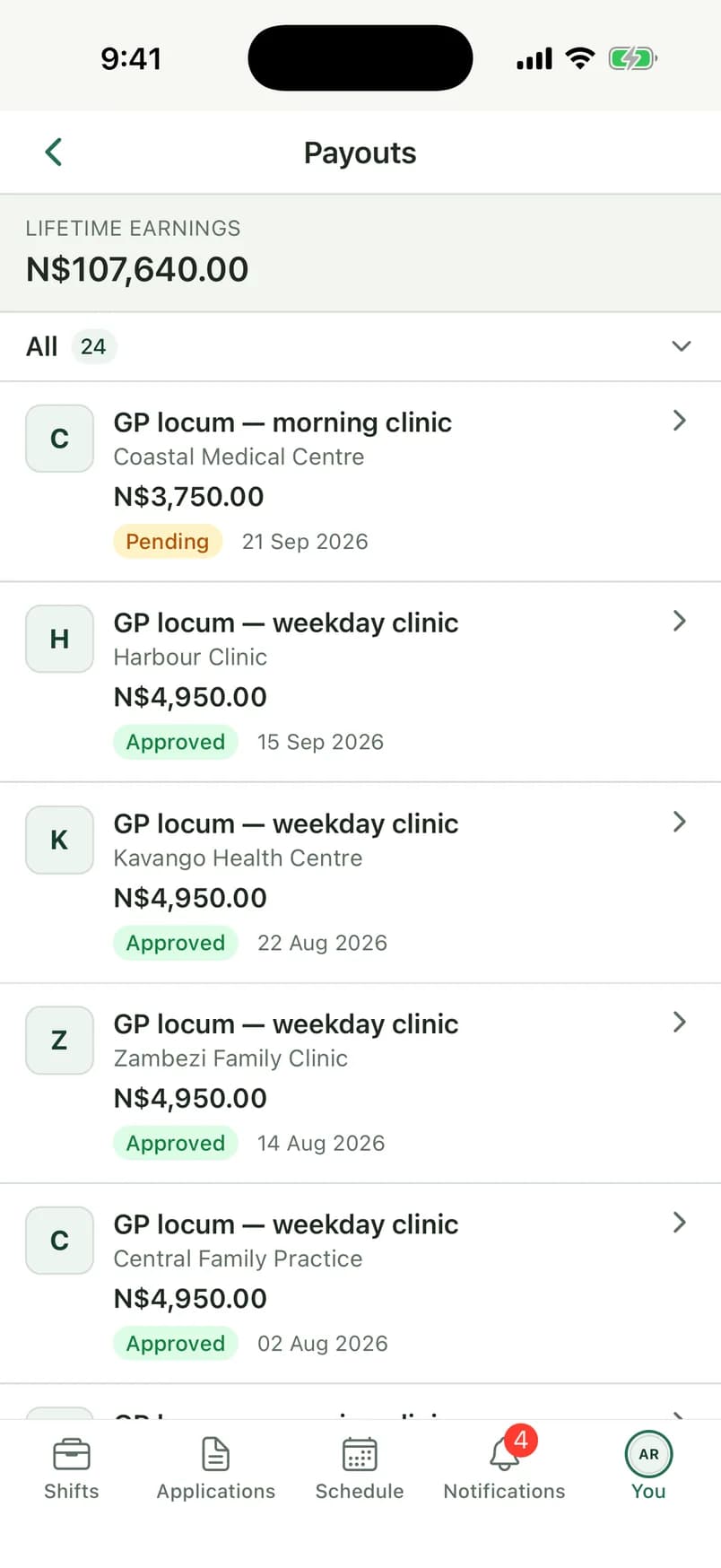 Payouts in the Locum app with lifetime earnings and each payout's status