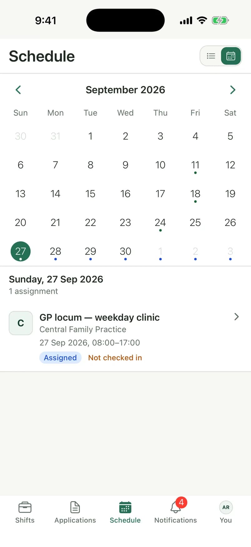 A month calendar of booked shifts in the Locum app