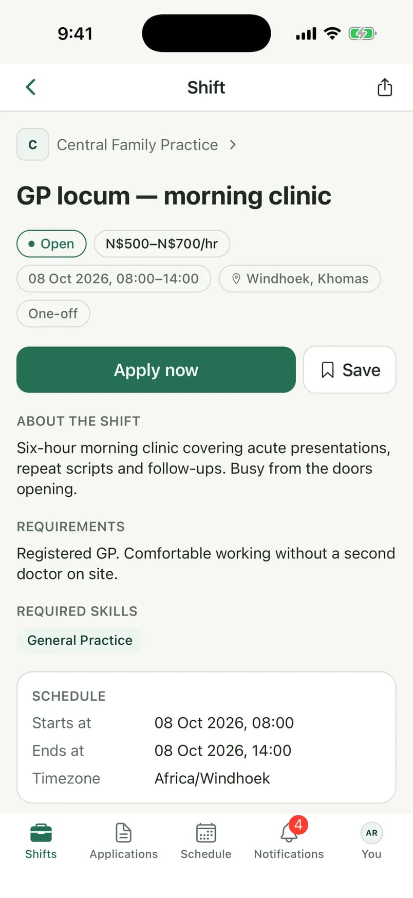A shift in the Locum app showing the rate, schedule, requirements and an Apply button