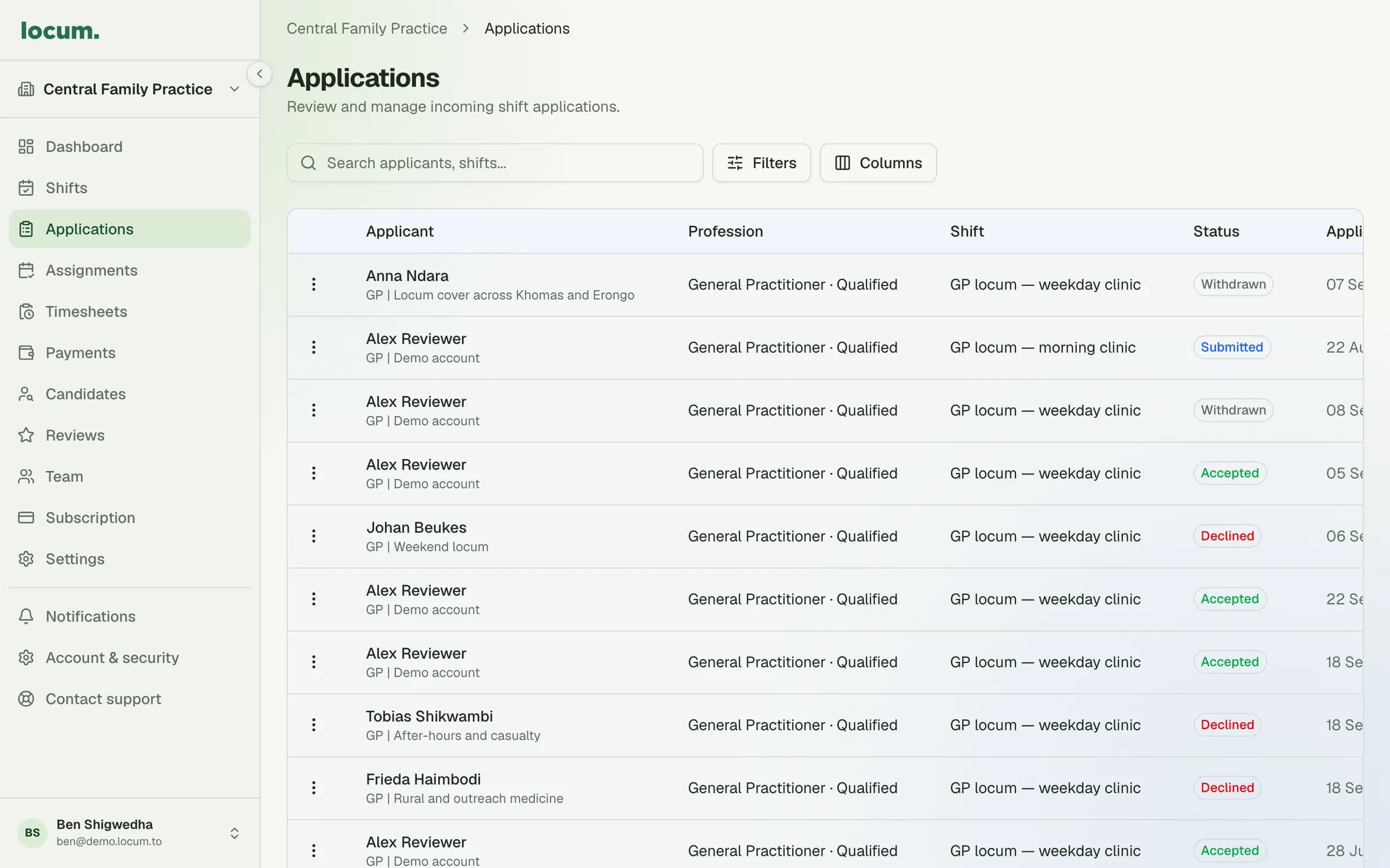 The facility applications table listing each applicant, their profession, the shift and the application status