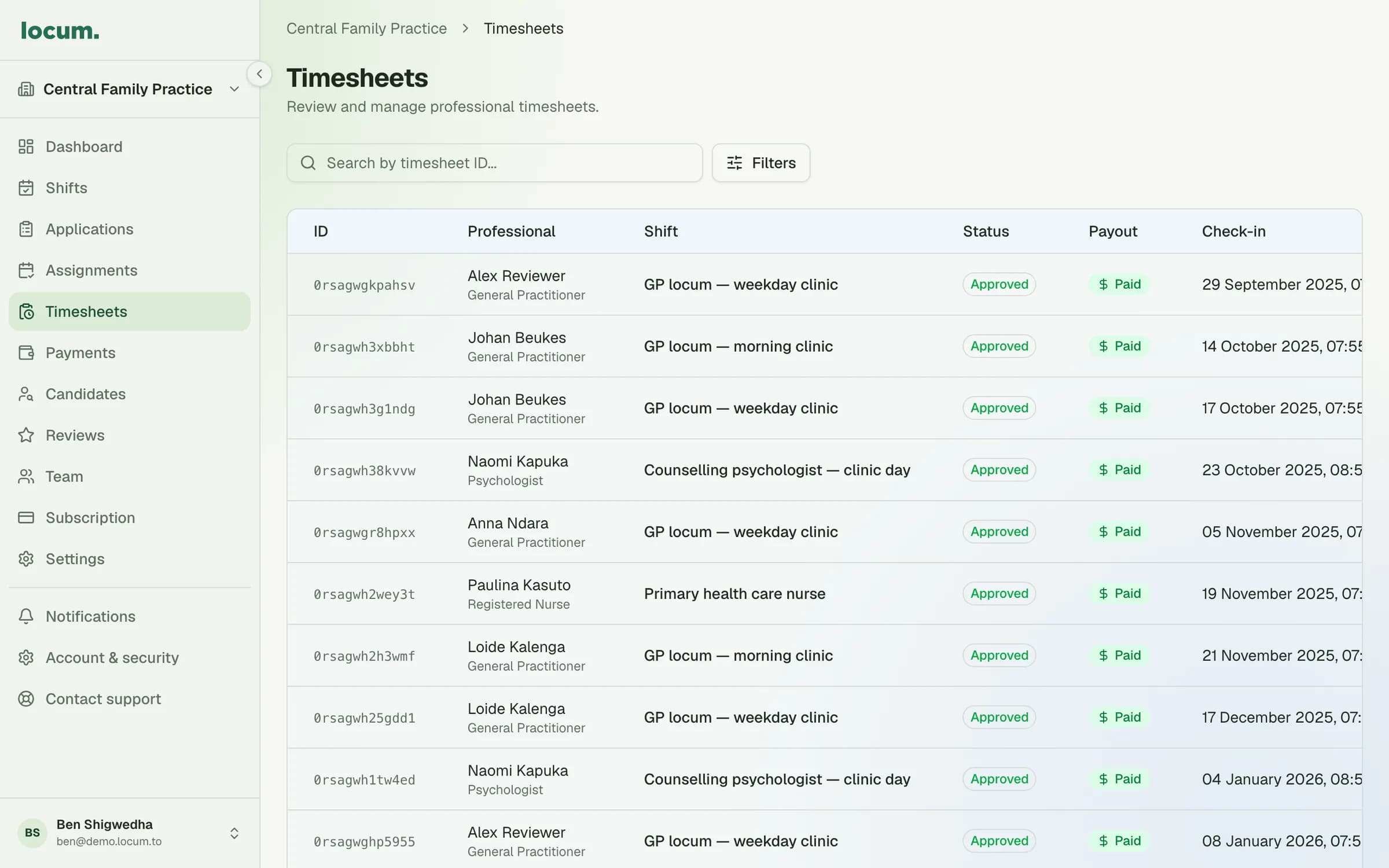 The facility timesheets table with approved and paid timesheets